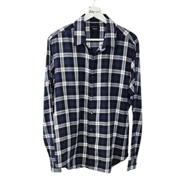 Theory Mens Sylvain Cullen Button Down Shirt, Long Sleeve, Plaid, Blue, Size L - Picture 1 of 8